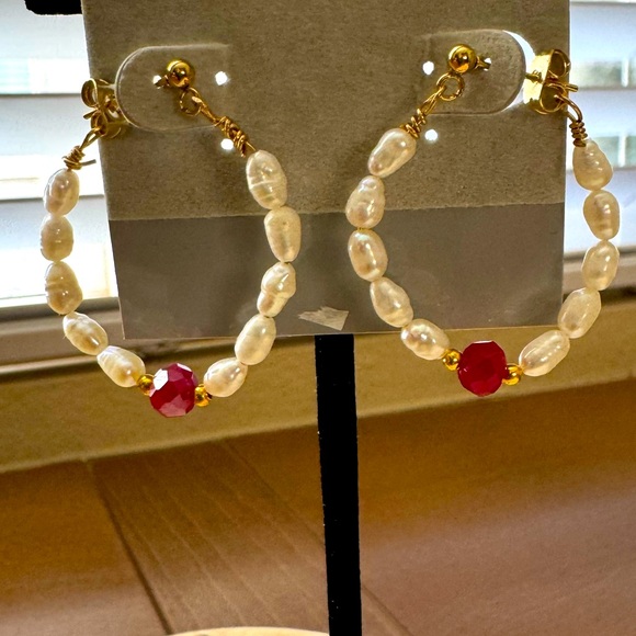 SALE!!! Rice Pearl Hoop Earrings with Bead or Crystal Accent - Picture 11 of 12